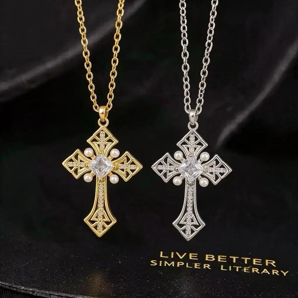 Wholesale Fashion Faux Pearl Cross Pendant Necklace Gold Tone Zircon Crystal Collar Chain Stylish Jewelry Accessory