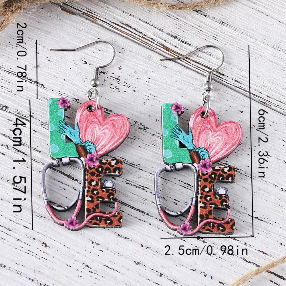 Wholesale Nurses'  Day " LOVE"  Stethoscope &  Heart-Shaped Leopard Print Dangle Earrings — Wooden Jewelry