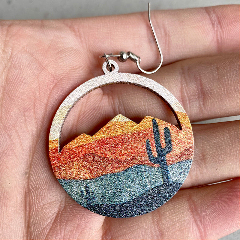 Wholesale Chic Geometric Wooden Earrings With Western Cactus Print Boutique Resale Jewelry Accessory