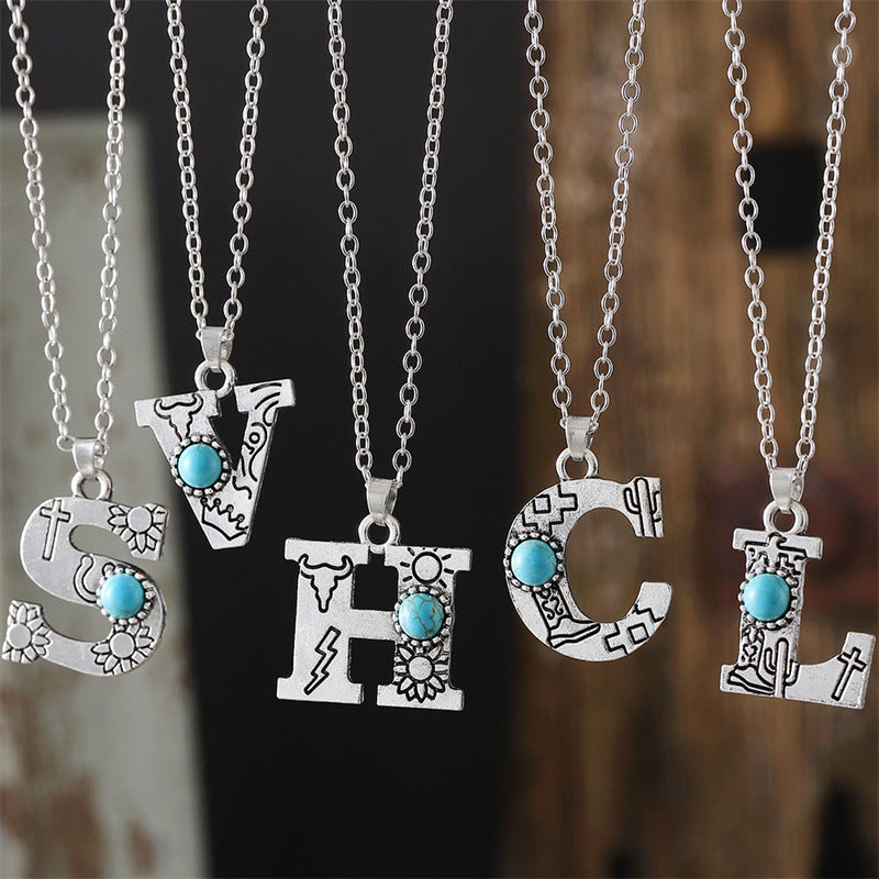 Wholesale  Retro 26 English Letter Turquoise Necklace Clavicle Chain