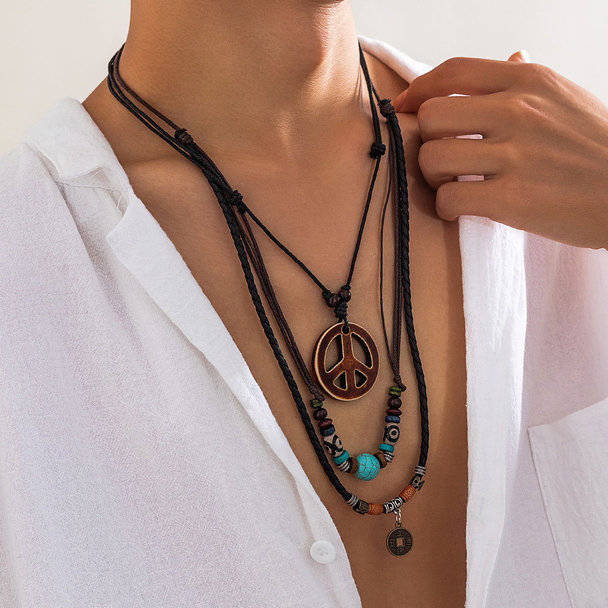 Wholesale Men's Wooden Beads Turquoise Peace Symbol Necklace Set Sweater Chain Long Necklace ACC-NE-Puxin004