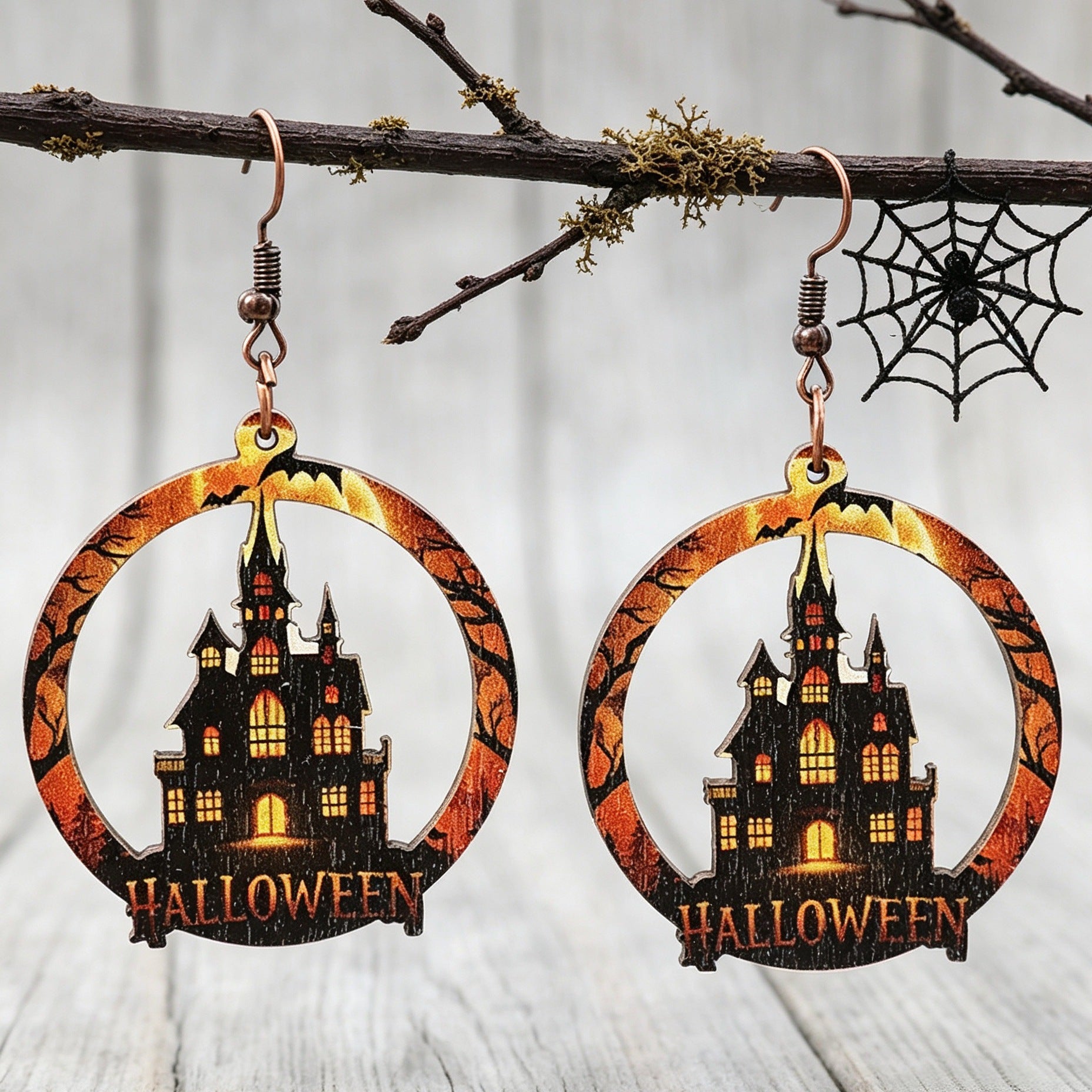 Wholesale Wooden Bat Moon Castle Earrings  Hollow Round Gothic Jewelry Gift