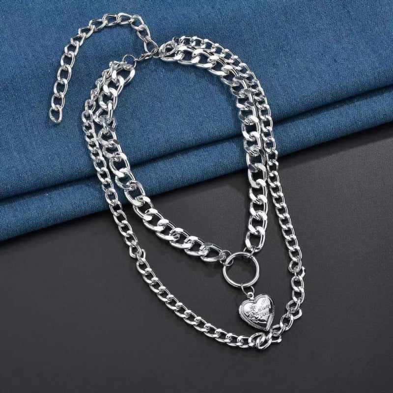 Wholesale Two Tone Metal Double Chain Necklace Heart Pendant Chic Layering Fashion Accessory Boutique Resale