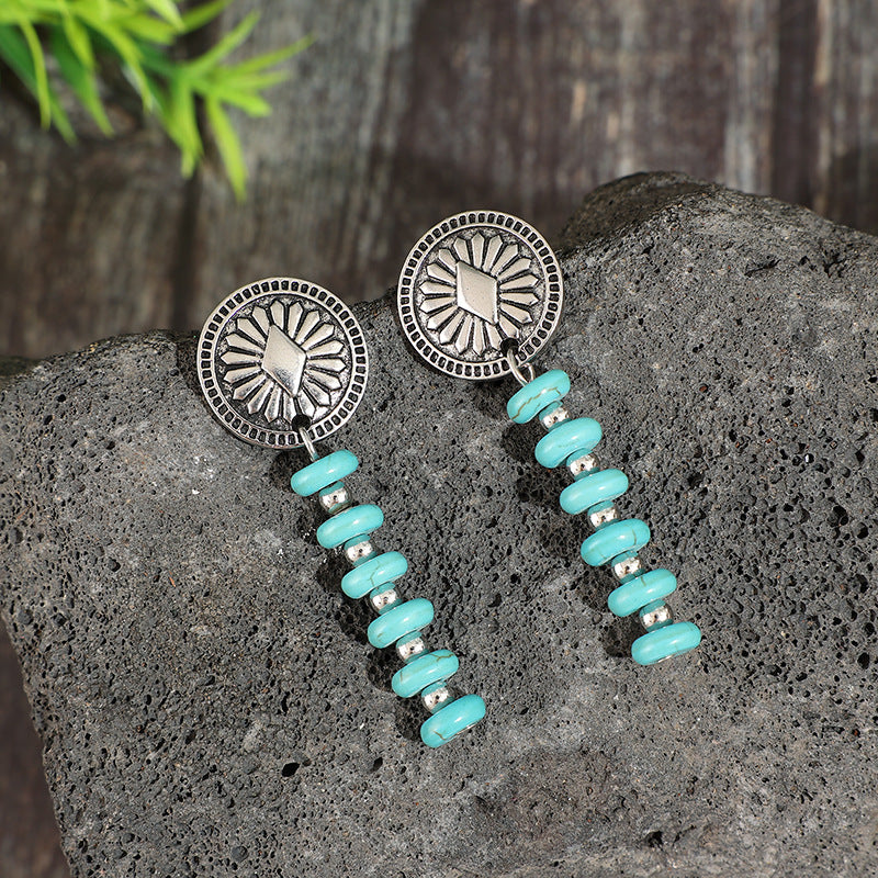 Wholesale Western Bohemian-Style Vintage Carved Round Medallion,  Turquoise-Beaded Alloy Earrings