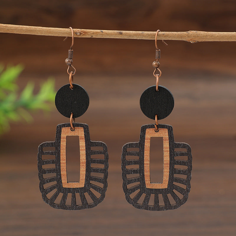 Wholesale Retro Cut Out Geometric Splicing Small Round Wood Piece Women' s Simple Earrings