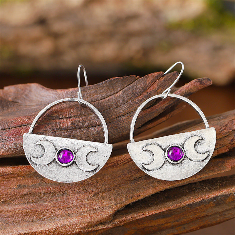 Wholesale retro semicircle double moon inlaid gem earrings