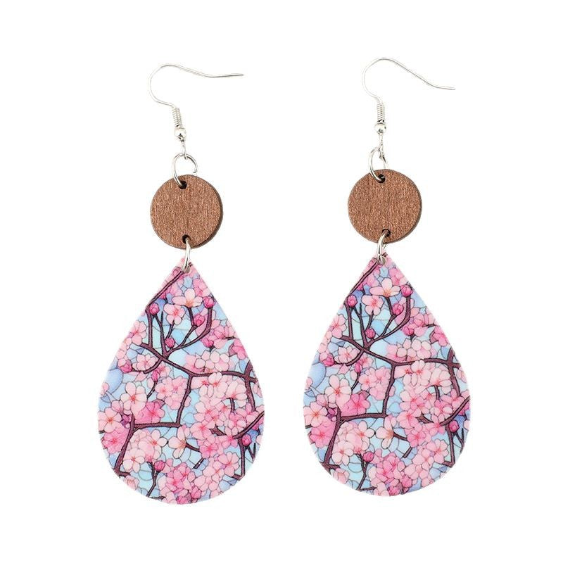 Wholesale Bohemian Drop-Shaped Printed Cherry Blossom Fresh Earrings