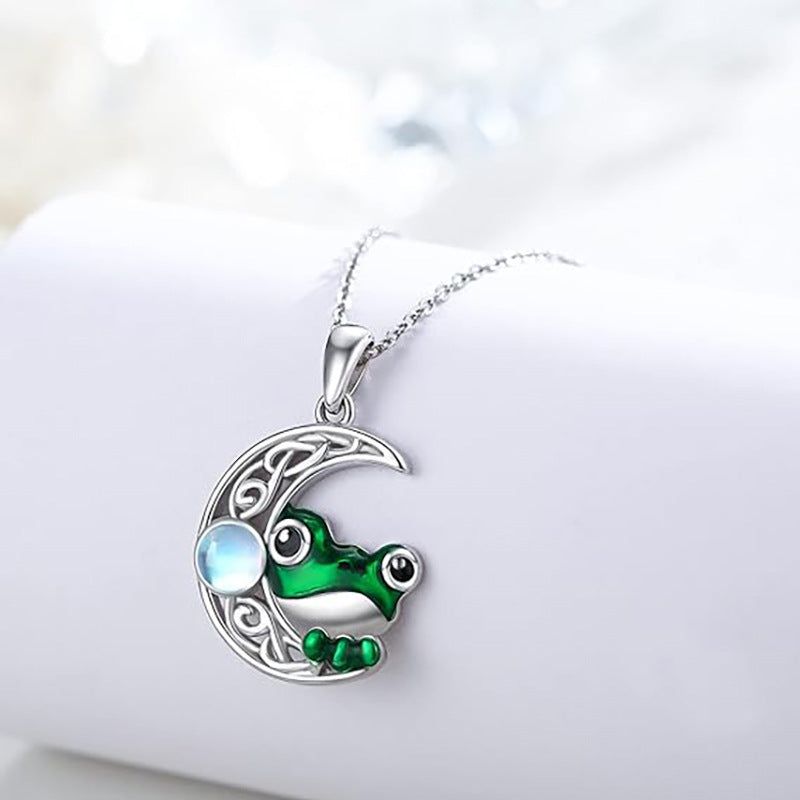 Wholesale Fashion Cute Little Frog Hollow Moon Curved Gem Oil Drop Animal Pendant Necklace