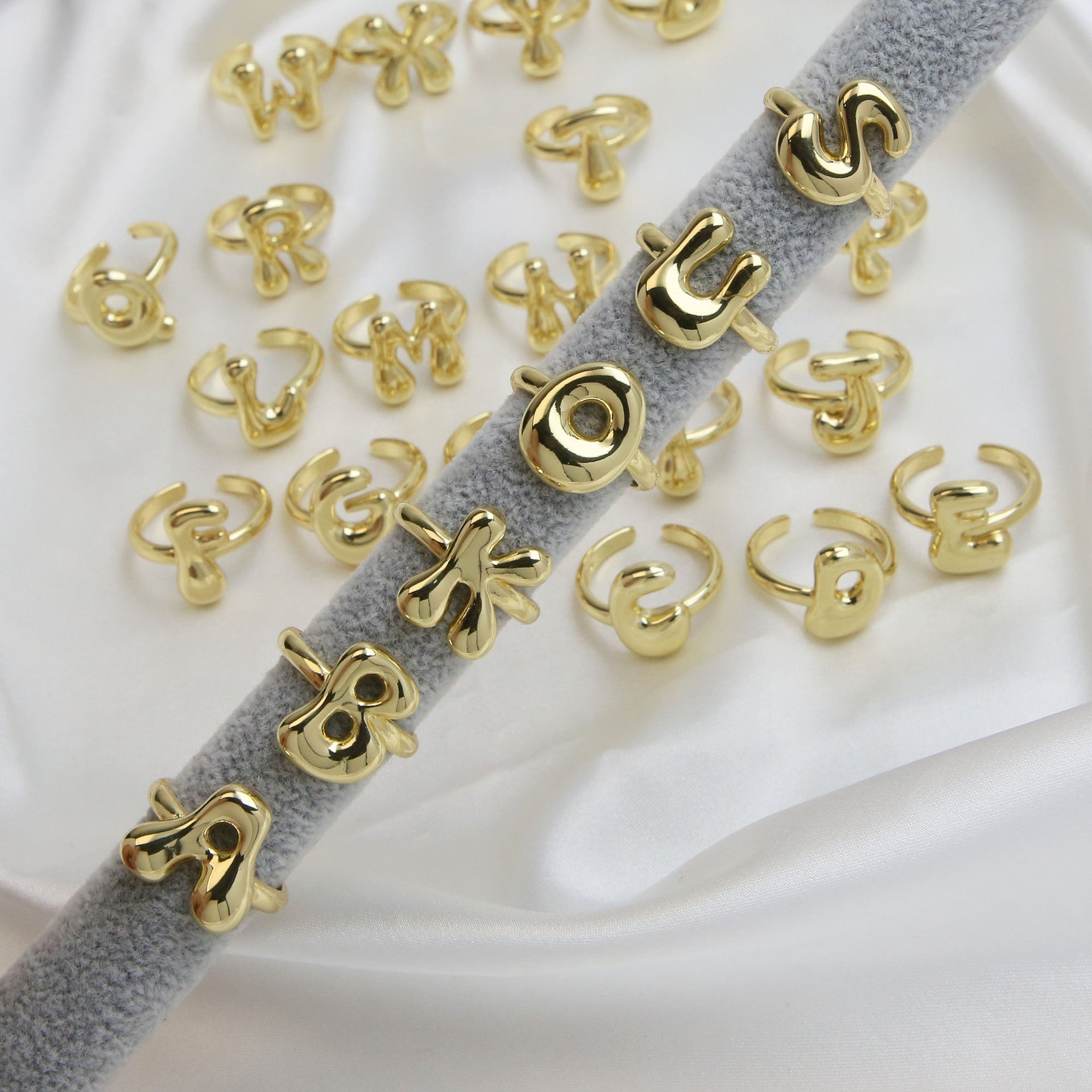 Wholesale  18k Golden Glaze Brass Bubble Balloon Bubble Cute Chubby 26 Letter Ring