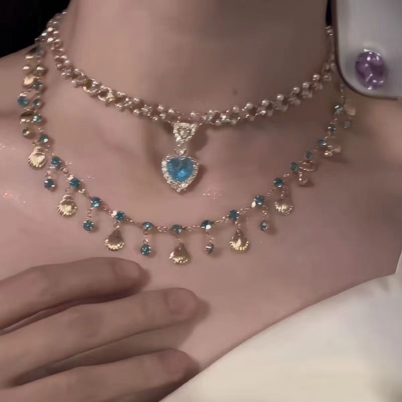 Wholesale Vacation Style Shell Pearl Layered Necklace With Blue Rhinestone Pendant Fashion Jewelry Accessory Gift