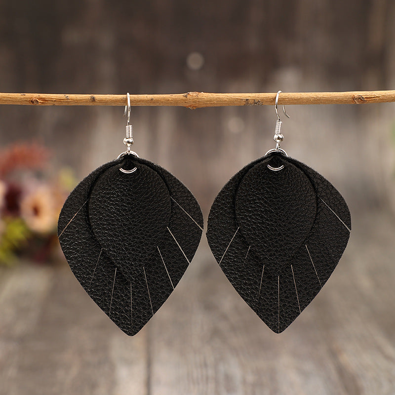 Wholesale Retro style leaf tassel shaped PU leather earrings
