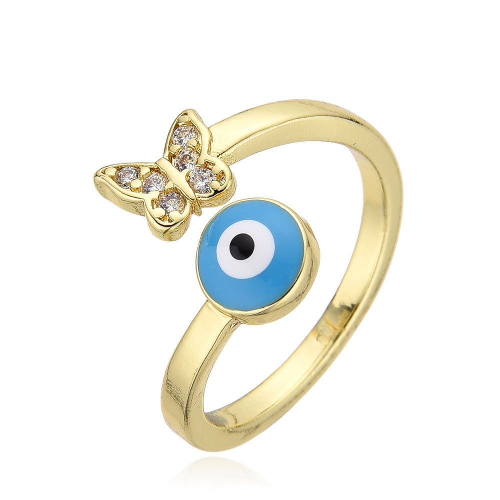 Wholesale Copper plated 18k color-preserving zircon butterfly oil-drop evil eye ring