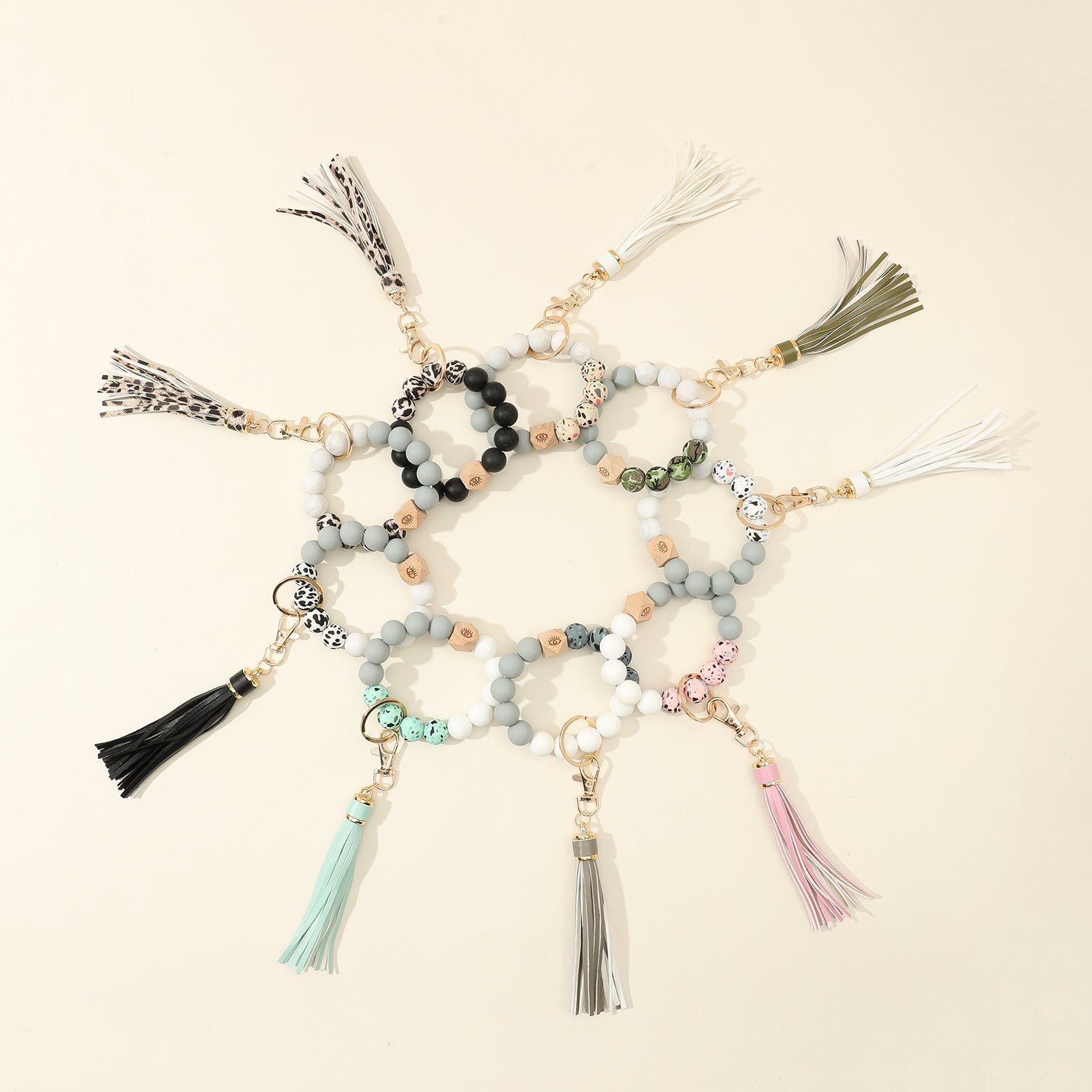 Wholesale Silicone Beads Bracelet Wooden Beads Keychain Wristlet Keychain ACC-KC-Jinz003