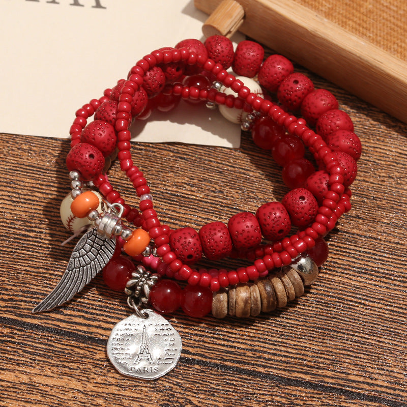 Wholesale Alloy Bohemian Multi-Layer Beaded Bracelet with Wing Design,  Fashion Accessory for Women,  Travel Gift