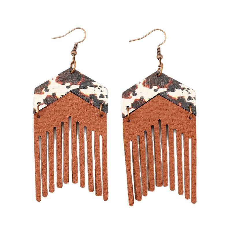 Wholesale Retro Western Style Tassel Pu Leather Stitching Wooden Cow Pattern  Earrings