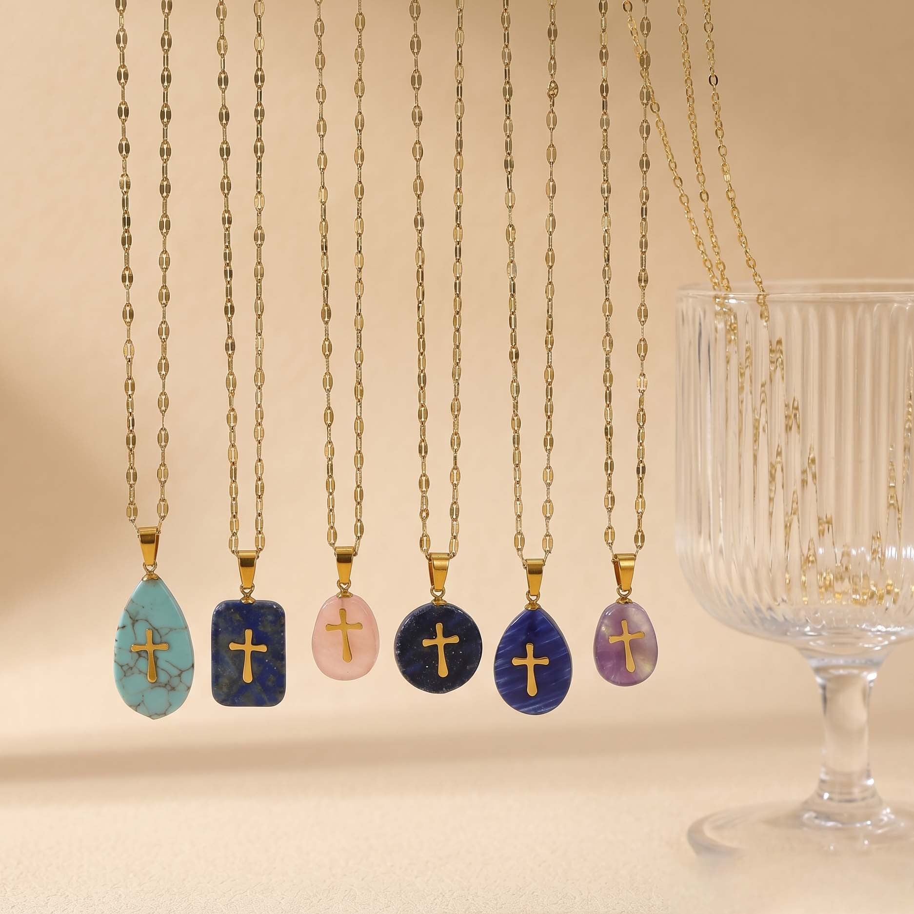 Wholesale Light Luxury Cross Pendant Necklace with Natural Stone,  Stainless Steel Handmade Chain,  Fashion Jewelry Accessory