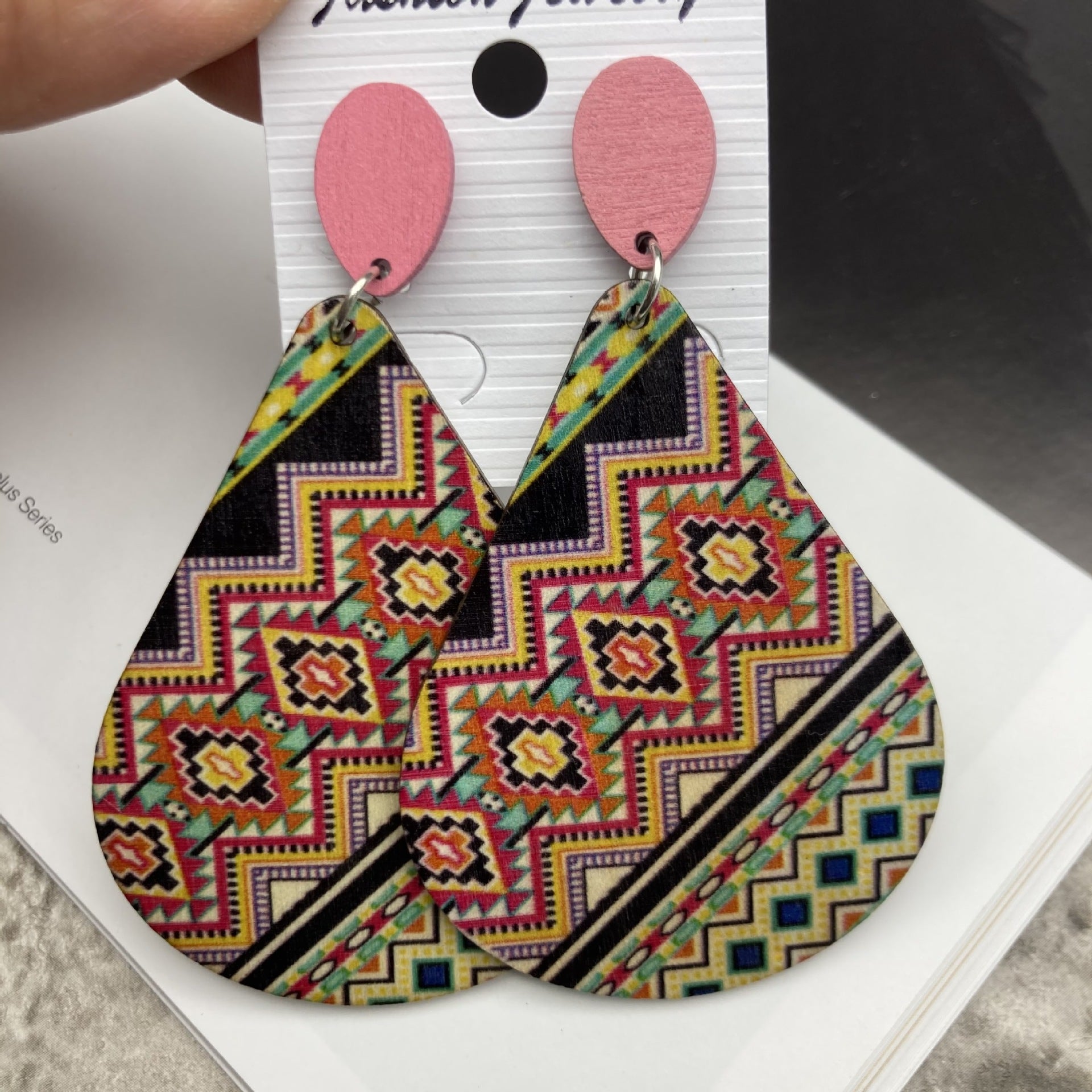 Wholesale Retro Bohemian Water Drop Wooden Print Earrings ACC-ES-FX011