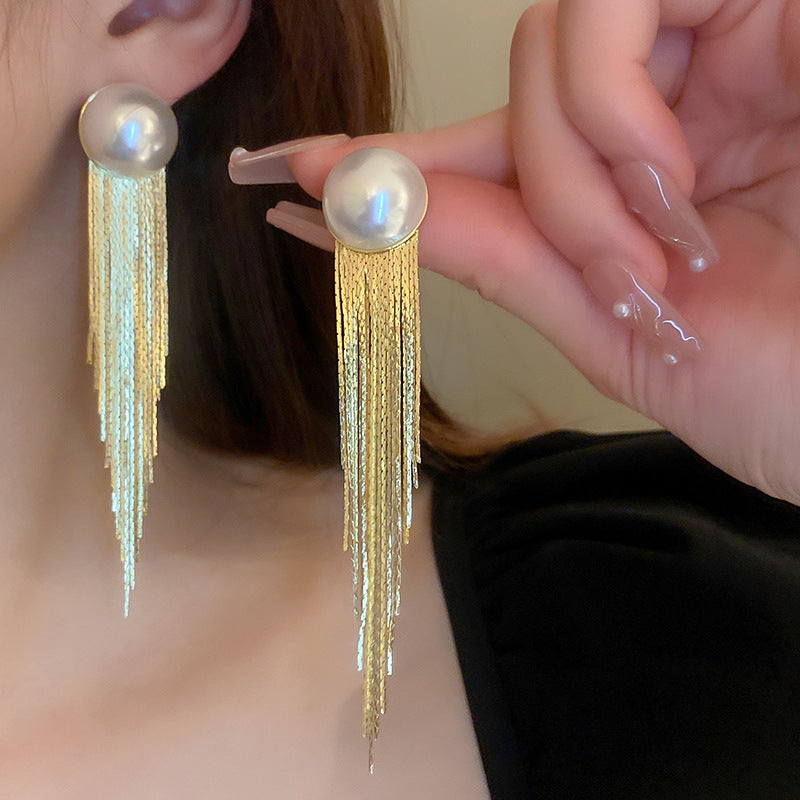 Wholesale  Pearl Metal Tassel Silver Pin Earrings