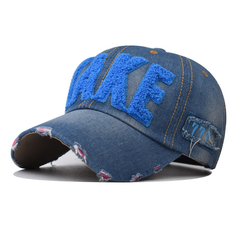 Wholesale Trendy Embroidered Washed Denim Baseball Cap Adjustable Wine Red Unisex