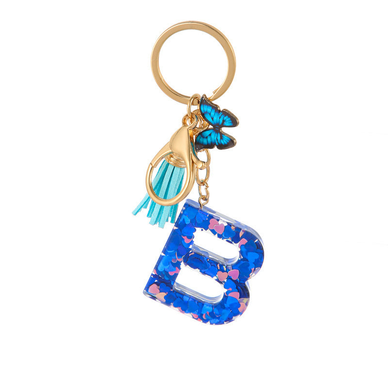 Wholesale Resin blue heart butterfly letter keychain