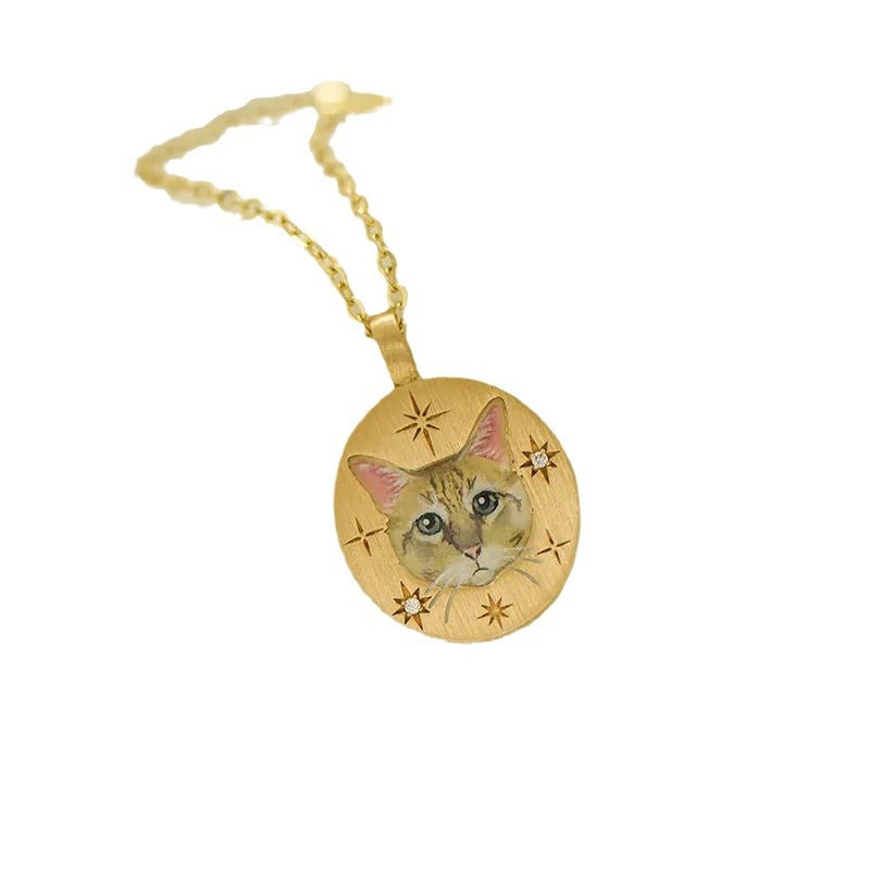 Wholesale  Stainless Steel Round Star Cat Animal Necklace