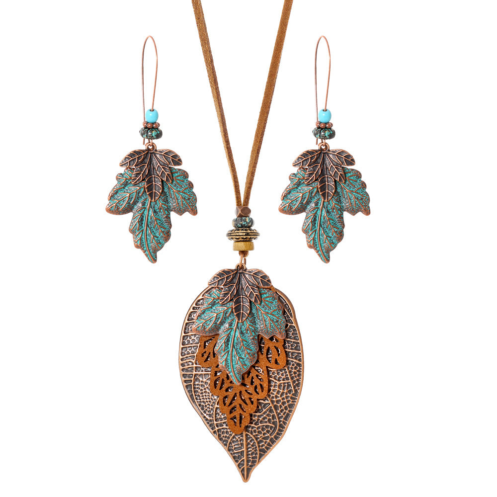 Wholesale Retro Bohemian Ethnic Style Leaf Pendant Necklace Set Autumn and Winter Long Sweater Chain Daily Commuting Accessories