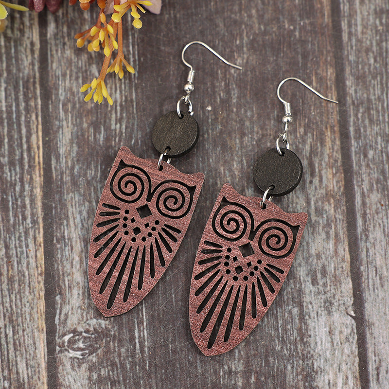 Wholesale Ethnic retro hollow owl stitching small round wood earrings