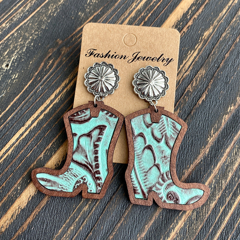 Wholesale Western Denim boots earrings  leopard leather  earrings