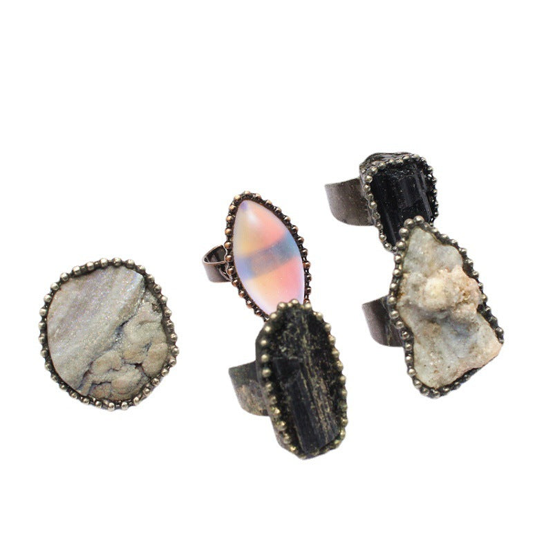 Wholesale personality raw ore agate ring  black tourmaline open ring