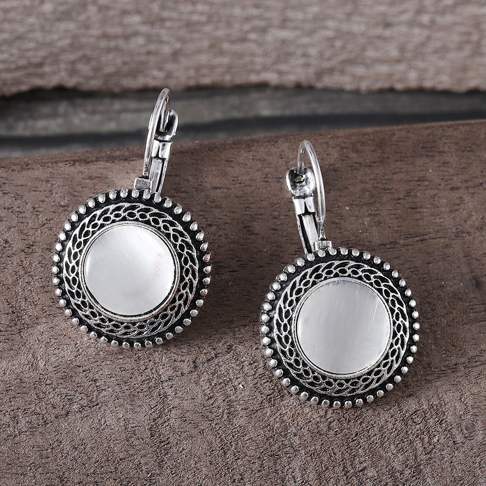 Wholesale Bohemian Retro Oval Jeweled Earrings Blue Electroplated Zinc Alloy Pair Trendy Party Gift And Boutique Resale Accessory