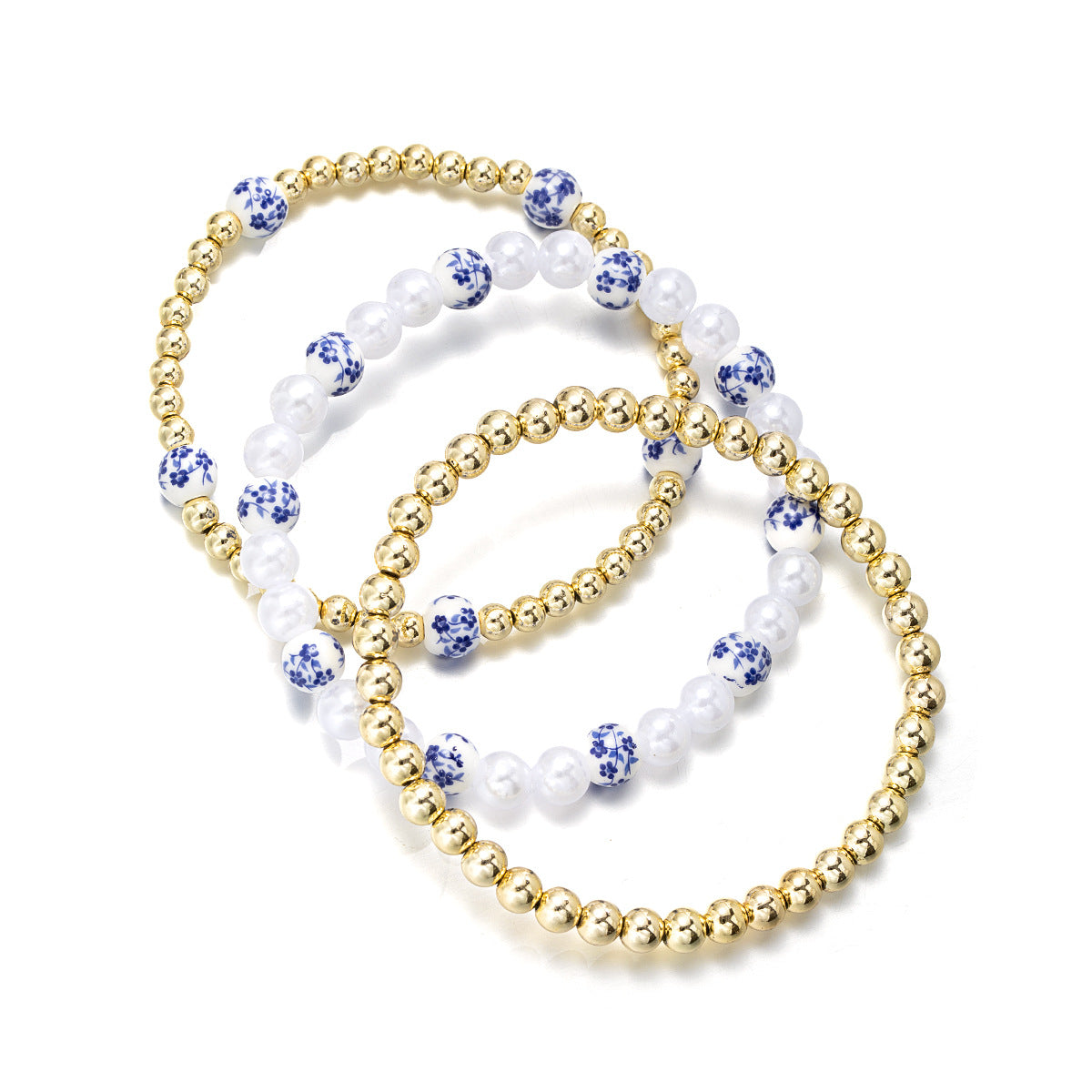 Wholesale Blue and white ceramic beads imitation pearl beaded elastic anklet for women
