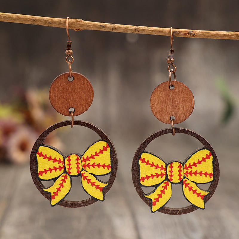 Wholesale Creative hollow ring stitching bow baseball pattern sports style wooden earrings
