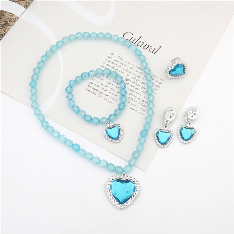 Wholesale Girls' beaded necklace bracelet ear clip ring five-piece  jewelry suit