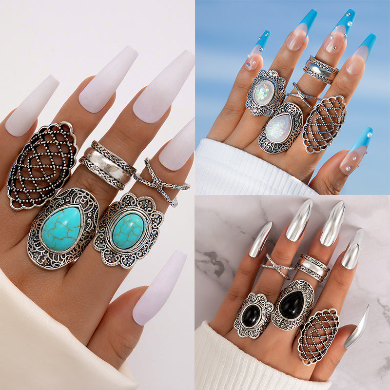 Wholesale Retro Turquoise Cross Hollow Ring Set - 5 Pcs Fashion Accessory for Unisex Gift Boutique Resale