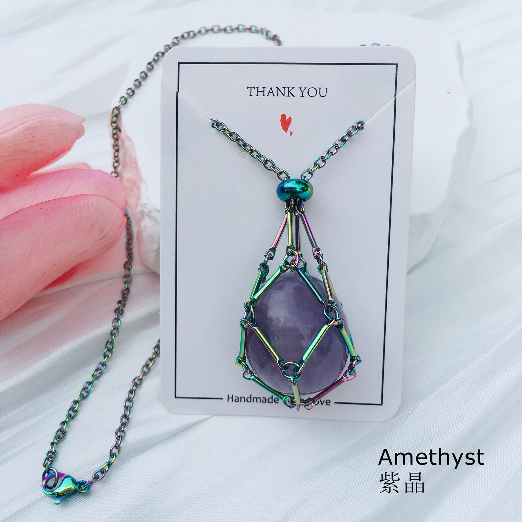 Wholesale Crystal Natural Stone Electroplated Color Bamboo Adjustable Metal Mesh Necklace ACC-NE-RongGuan002