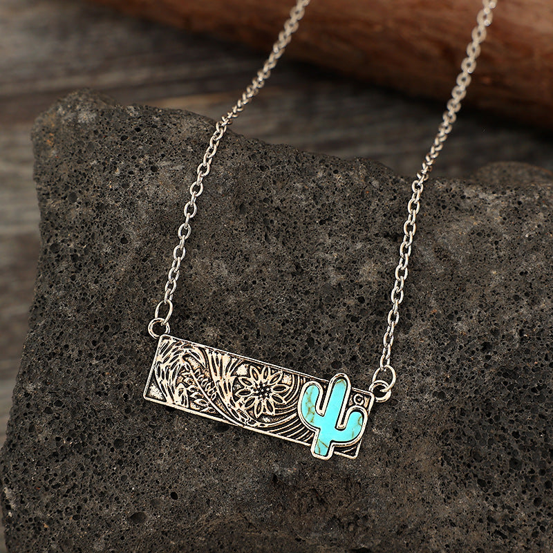 Wholesale Vintage square turquoise cactus lightning cross cowboy boots necklace
