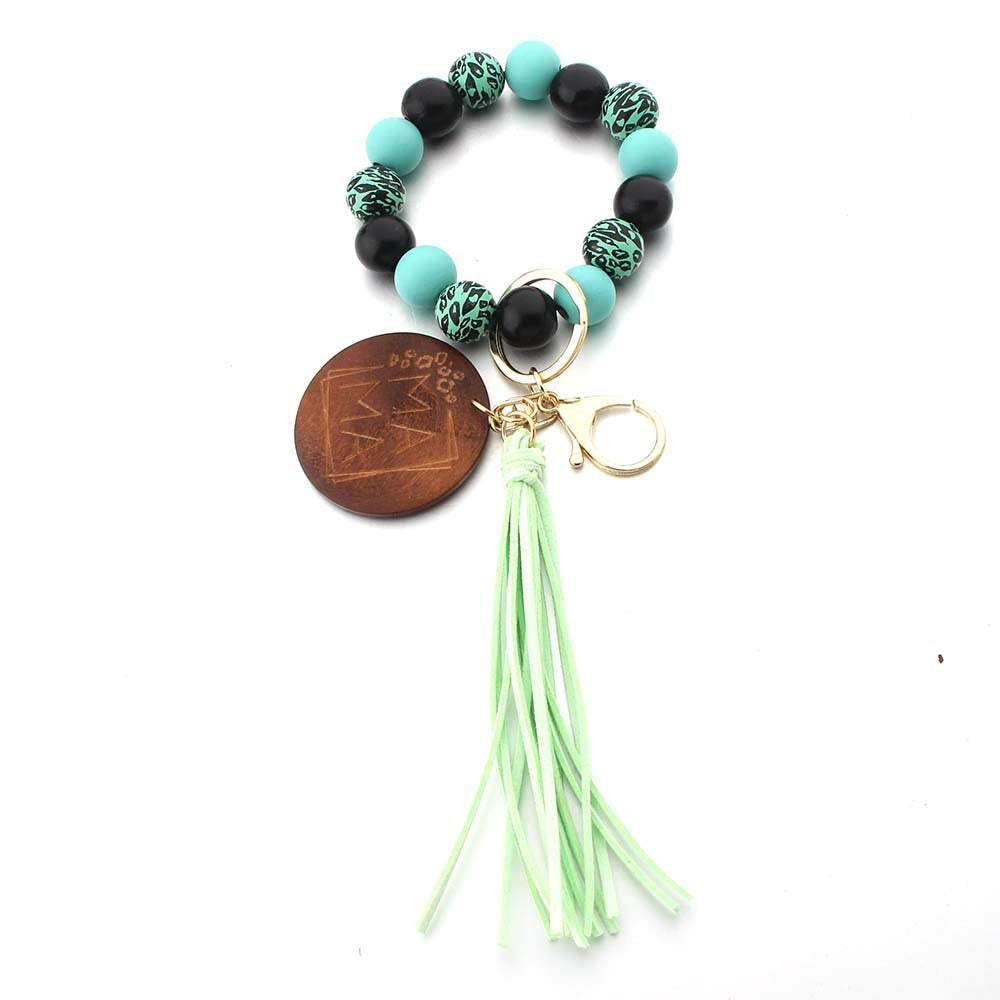 Wholesale Leopard Print MAMA Mother's Day Wooden Beads Beaded Keychain Wristlet Keychain ACC-KC-JinAn010