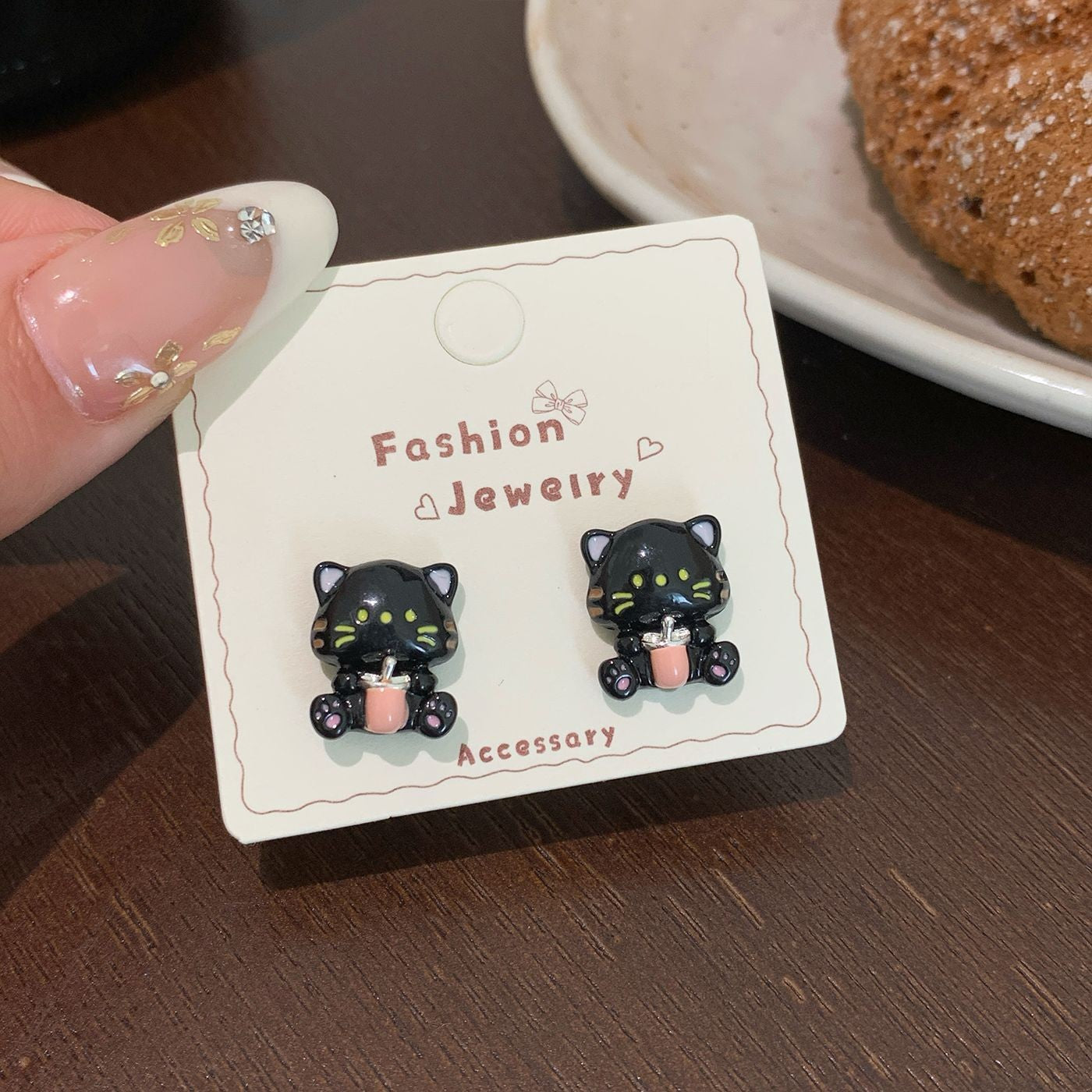 Wholesale Trendy Black Cat Earring Set,  Cute Cat Tail Design,  Silver Needle,  Zinc Alloy Drip Oil,  Everyday Jewelry Accessory
