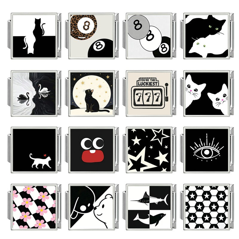 Wholesale Italian-Style Black and White Cat &  Star Patchwork Bracelet Stainless Steel DIY Jewelry Accessory