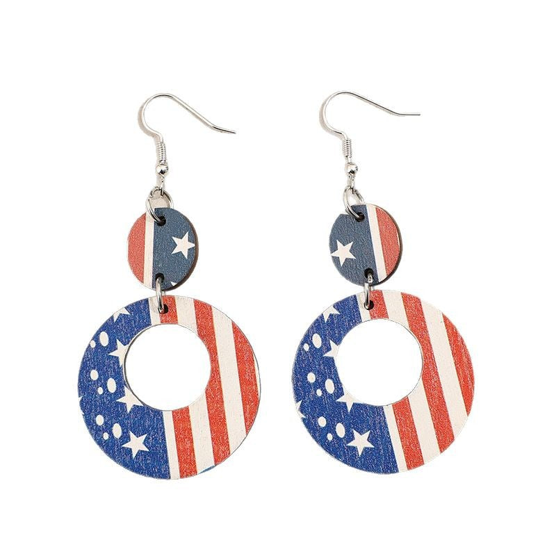 Wholesale American Independence Day Hollow Ring Stitching Printing American Flag Wooden Earrings