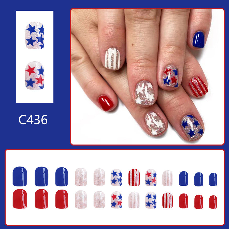 Wholesale 24 Pieces/box American Independence Day Short Glitter Five-pointed Star Manicure Press-on Nails Kits Nail Stickers ACC-NS-GuaiXL017