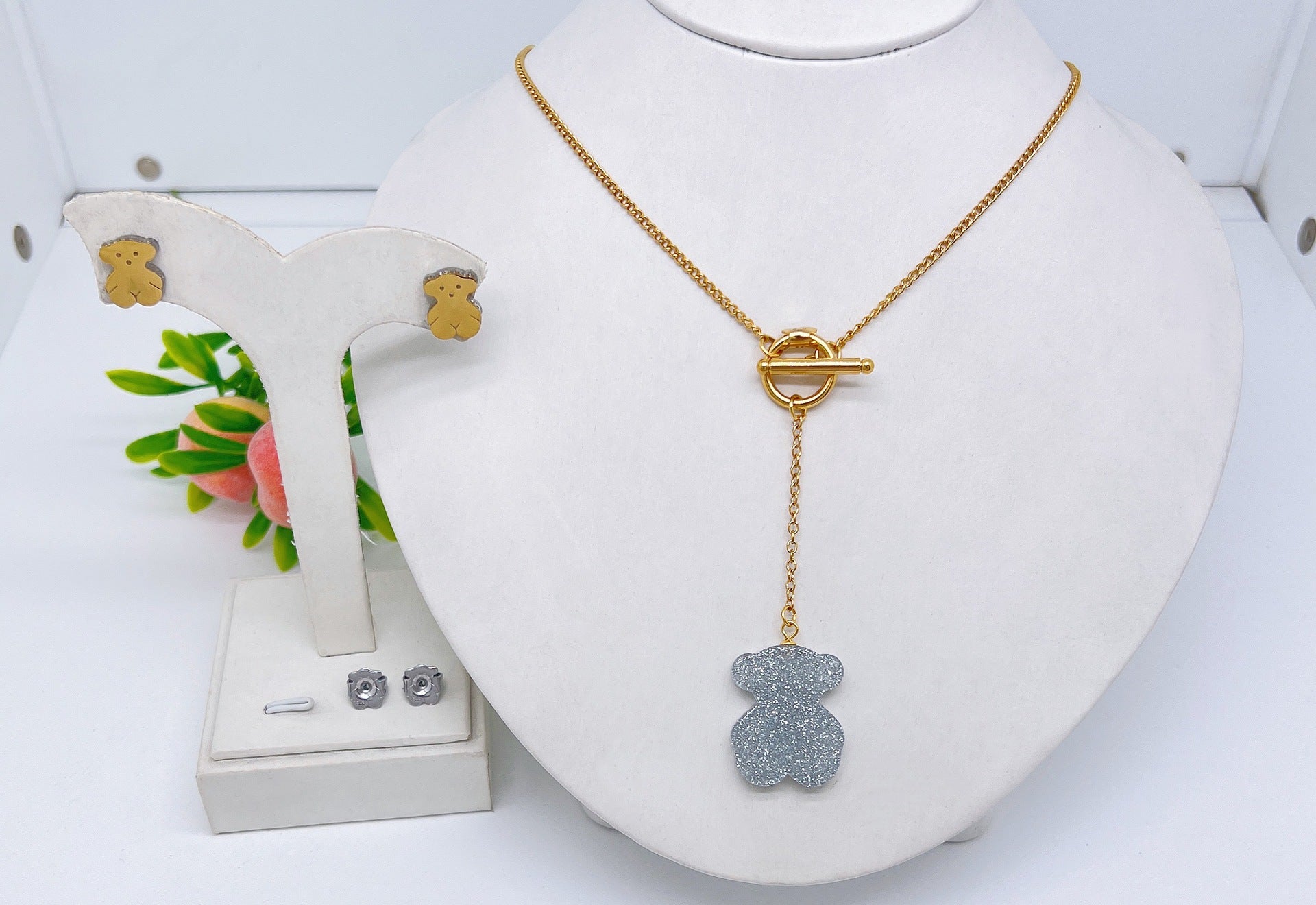 Wholesale Cute Bear Cartoon Stainless Steel Earrings and Necklace Set for Party Wear