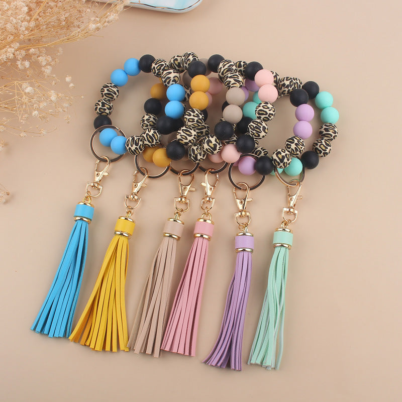 Wholesale  leopard silicone hand beaded bracelet handmade tassel bracelet keychain
