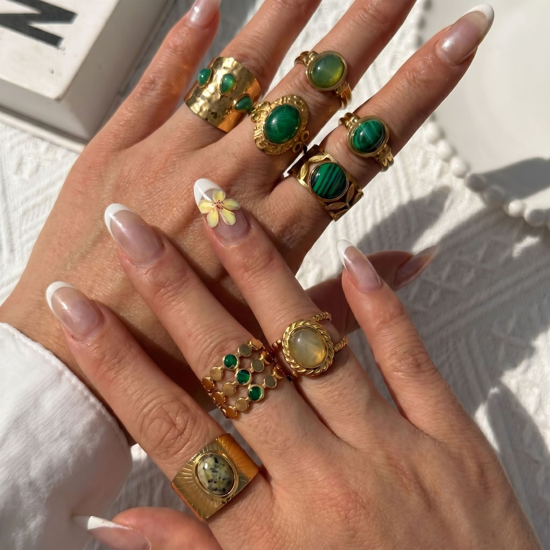 Wholesale 18k Gold Plated Stainless Steel Malachite Ring Vintage Stackable Jewelry Accessory