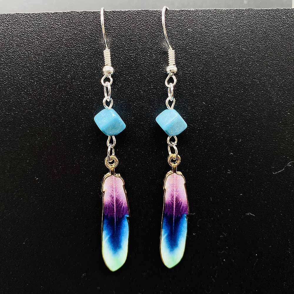 Wholesale Simulated Feather Blue Turquoise Bead and Leaf Stud Earrings