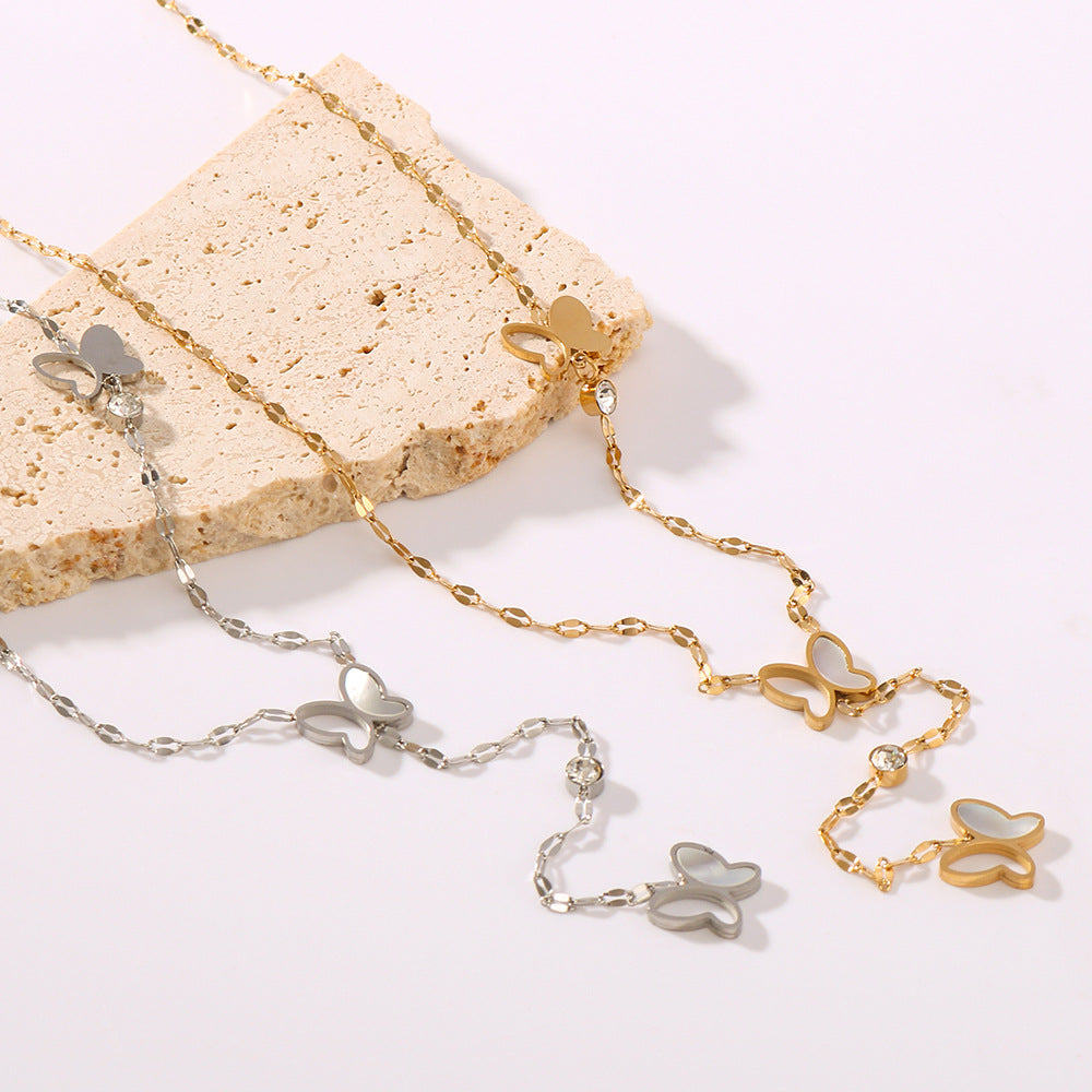 Wholesale  Stainless steel Butterfly Inlaid White Shellfish Necklace Long Tail Chain