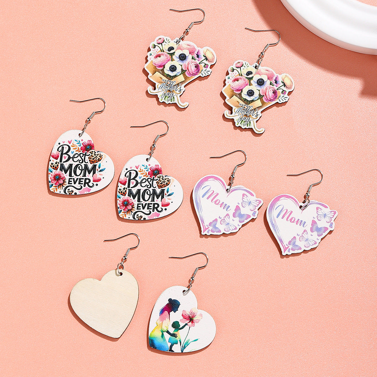 Wholesale Mothers Day Wooden Earrings MOM Butterfly Bouquet Earrings
