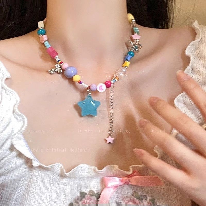 Wholesale Yellow Bow Star Clavicle Chain  Cute Childish Beaded Necklace