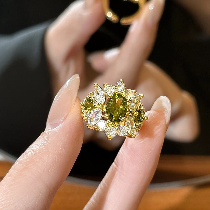 Wholesale Geometric Full Diamond Ring Adjustable Jaw in Silver Olive Green Boutique Jewelry Accessory for Everyday Wear