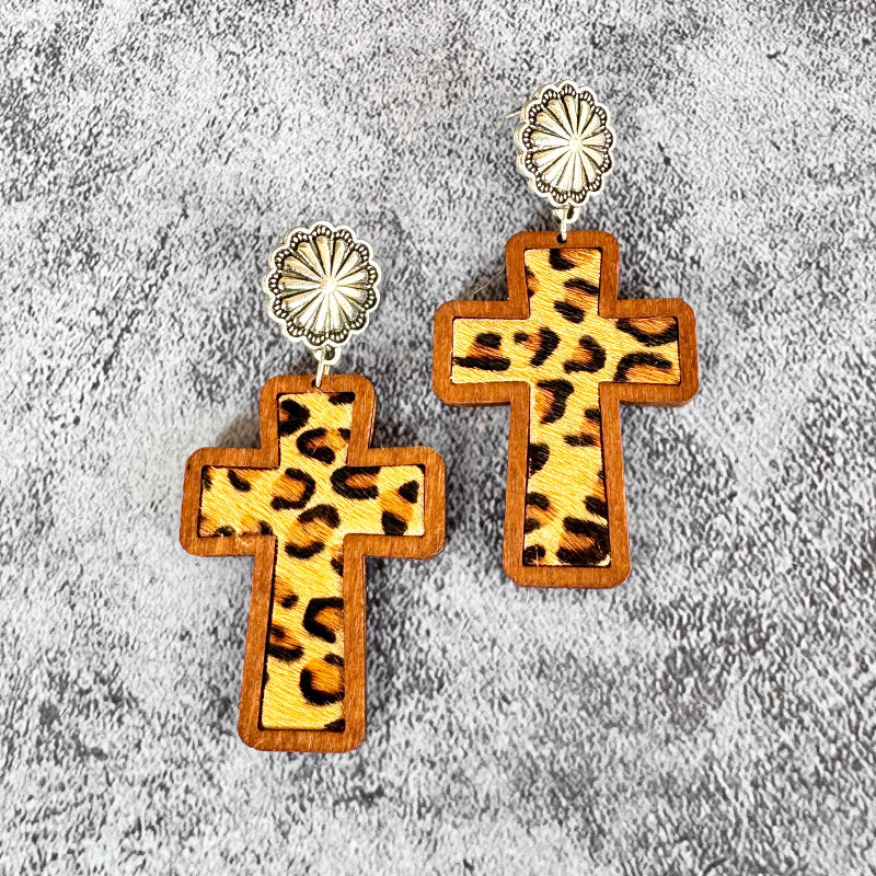 Wholesale Wooden and leather cross leopard print earrings